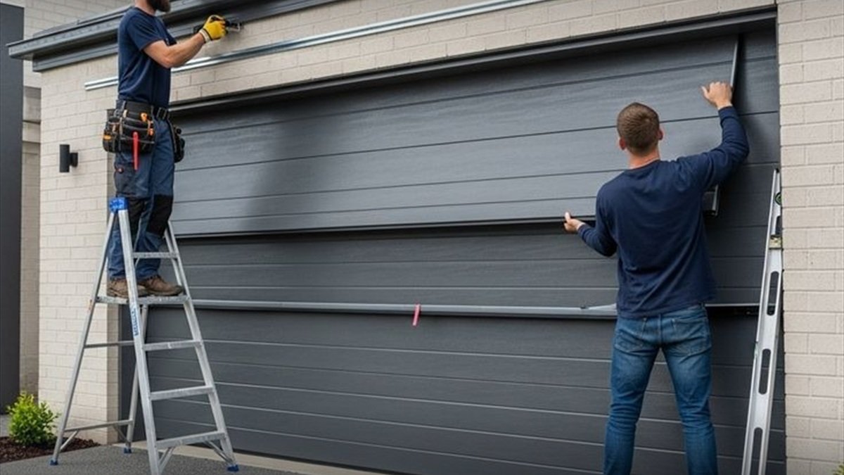 Technician calibrating residential garage door opener motor and drive assembly