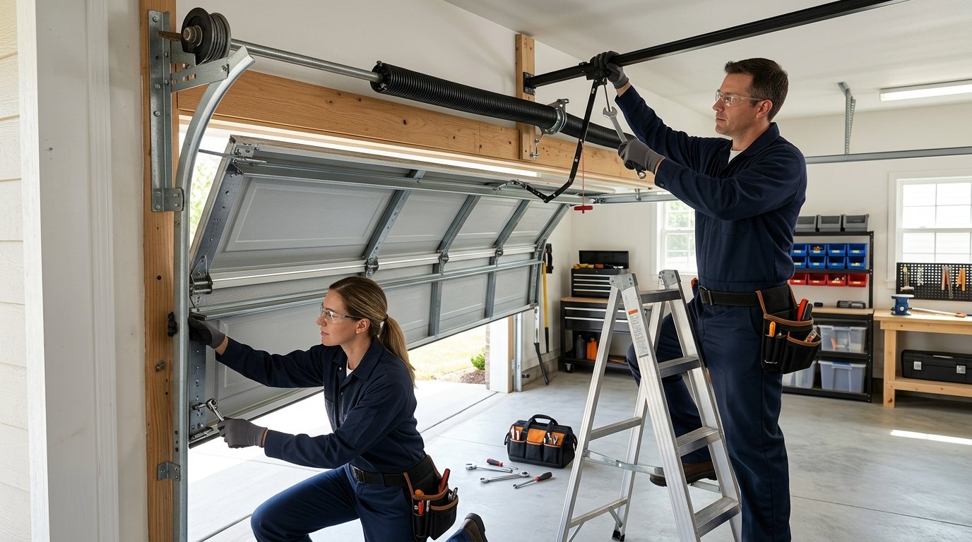 Technicians performing garage door spring and track repair in Long Beach, NY