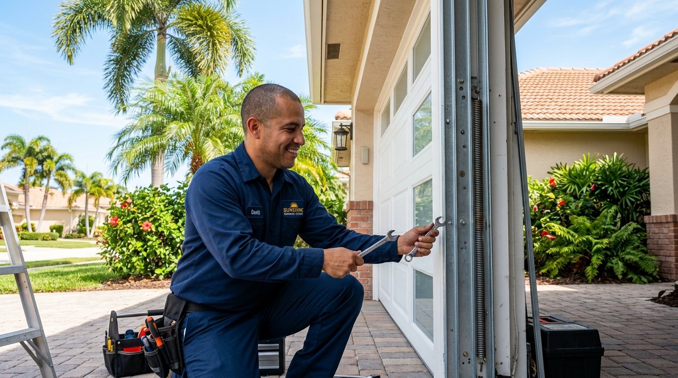 Technicians performing overhead garage door spring and track repair in Delray Beach, FL