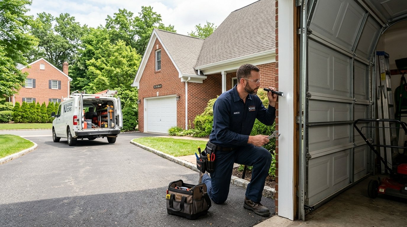 Technician inspecting and repairing residential garage door track in Passaic, NJ